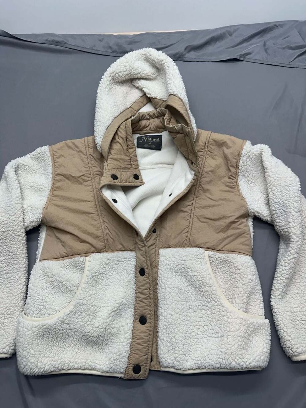Natural Reflections Women's Cream and Tan Sherpa Fleece Hooded Snap Front Jacket